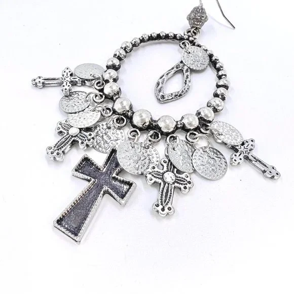 NWT – Charming Charlie – Cross & Disk Charms Silver Tone Dangle 4” Earrings - Picture 5 of 9